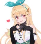  1girl bangs bare_shoulders blonde_hair blush bow butterfly_hair_ornament green_bow hair_bow hair_ornament heart heart_hands highres lolowv long_hair looking_at_viewer nijisanji nijisanji_en open_mouth pointy_ears pomu_rainpuff red_eyes simple_background smile solo upper_body virtual_youtuber white_background 