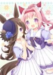  2girls :d animal_ears bangs black_bow black_headwear blue_flower blue_rose blue_shirt blush bow brown_hair closed_mouth commentary_request diagonal_stripes ear_bow floral_background flower frilled_skirt frills hair_over_one_eye hairband hands_up haru_urara_(umamusume) hat hat_flower highres horse_ears horse_girl horse_tail long_hair multiple_girls nanase_miori own_hands_together pink_hair pleated_skirt puffy_short_sleeves puffy_sleeves red_hairband rice_shower_(umamusume) rose shirt short_sleeves skirt smile striped striped_background tail thigh-highs tilted_headwear umamusume very_long_hair violet_eyes white_background white_bow white_skirt white_thighhighs 
