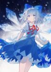 1girl ahoge bangs blue_bow blue_dress blue_eyes blue_hair bow cirno closed_mouth collared_shirt commentary dress feet_out_of_frame hair_bow highres ice ice_wings looking_at_viewer medium_hair neck_ribbon pinafore_dress puffy_short_sleeves puffy_sleeves qianqianjie red_ribbon ribbon shirt short_sleeves skirt_hold smile snowflakes solo touhou watermark white_shirt wing_collar wings 
