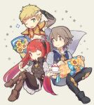  1girl 2boys bangs blonde_hair brown_eyes brown_hair cake dated fire_emblem fire_emblem_fates flower food gift green_eyes haconeri hair_between_eyes laslow_(fire_emblem) long_hair multiple_boys odin_(fire_emblem) one_eye_closed open_mouth red_eyes redhead selena_(fire_emblem_fates) short_hair smile twintails 