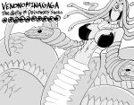  1girl absurdres bb_(baalbuddy) breasts duel_monster english_text greyscale headband highres lamia large_breasts mask monochrome monster_girl navel simple_background snake snake_hair snake_tail solo stomach tail vennominaga_the_deity_of_poisonous_snakes white_background yu-gi-oh! 