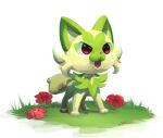  commentary fangs flower full_body grass highres likey no_humans open_mouth pokemon pokemon_(creature) red_eyes red_flower signature solo sprigatito standing white_background 