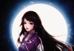  1girl absurdres backlighting black_background brown_hair closed_mouth collared_dress dress from_side highres hua_jianghu_zhi_bei_mo_ting long_hair moon mulan_style purple_dress shiny shiny_hair si_kongqi_(hua_jianghu_zhi_bei_mo_ting) solo upper_body violet_eyes 