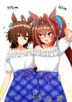  2girls absurdres agnes_tachyon_(umamusume) ahoge amatuki0930 animal_ears arm_around_waist arm_behind_head bangs bare_shoulders blue_skirt blush breasts brown_hair closed_mouth cosplay daiwa_scarlet_(umamusume) daiwa_scarlet_(umamusume)_(cosplay) earrings eighth_note flying_sweatdrops hair_intakes height_difference highres horse_ears jewelry long_hair looking_at_another medium_breasts medium_hair multiple_girls musical_note off-shoulder_shirt off_shoulder open_mouth orange_eyes shirt single_earring skirt smile sparkle twintails umamusume upper_body white_shirt 