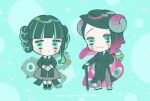  1boy 1girl :3 :o aqua_background arm_behind_back ascot bangs black_ascot black_coat black_gloves black_hair blunt_bangs braid braid_girl_(enmu&#039;s_recruits) braided_bun cane chibi closed_mouth coat double_bun enmu_(kimetsu_no_yaiba) extra_eyes facial_mark gloves green_hair grey_footwear grey_pants grey_skirt hair_bun hair_over_shoulder highres holding holding_cane hooves horizontal_pupils horns kimetsu_no_yaiba long_hair long_sleeves looking_at_viewer matching_outfit mihashi_(re4_glo) mismatched_pupils monsterification multicolored_hair outstretched_arm own_hands_together pants pink_hair sheep sheep_boy sheep_girl sheep_horns short_hair_with_long_locks sidelocks skirt smile standing streaked_hair text_in_eyes twin_braids 