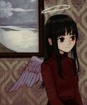  1girl angel angel_wings bangs black_eyes black_hair closed_mouth depressed feathered_wings grey_wings haibane_renmei halo indoors io_(onisarashi) long_hair long_sleeves painting_(object) red_shirt red_sweater reki_(haibane) shirt solo static_cling sweater turtleneck turtleneck_sweater upper_body white_wings wings 