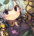  1girl andanon aqua_hair blush butterfly_wings closed_mouth dress eternity_larva fairy green_dress hair_between_eyes highres leaf leaf_on_head multicolored_clothes multicolored_dress short_hair short_sleeves smile solo touhou upper_body violet_eyes wings 