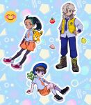  1girl 2boys arven_(pokemon) bangs berry_(pokemon) black_footwear black_hair black_pantyhose blue_headwear blue_necktie blue_pants boots brown_eyes brown_hair closed_mouth collared_shirt eneko_(olavcnkrpucl16a) gloves green_hair hat highres holding holding_poke_ball looking_at_viewer male_protagonist_(pokemon_sv) multicolored_hair multiple_boys necktie nemona_(pokemon) orange_necktie orange_shorts outline pants pantyhose pawmi poke_ball poke_ball_(basic) pokemon pokemon_(creature) pokemon_(game) pokemon_sv ponytail shirt shoes short_hair short_sleeves shorts single_glove smile socks streaked_hair vest yellow_vest 