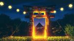  3d forest grass highres jungle lantern mb0sco mixed-language_commentary nature night night_sky no_humans original pyramid scenery sky speaker star_(sky) torii tree wire 