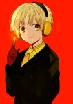  1boy black_coat blonde_hair coat fire gloves headphones highres hinata_(ryohinata) index_finger_raised kemono_jihen male_focus necktie nowaki_homuramaru red_background red_gloves short_hair simple_background smile upper_body yellow_eyes 