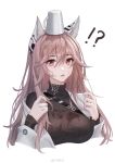  !? 1girl absurdres animal_ears breasts brown_hair coffee_mug commentary_request cup cup_on_head dripping girls&#039;_frontline_neural_cloud girls_frontline hair_between_eyes highres kirby_d_a labcoat large_breasts long_hair long_sleeves looking_at_viewer mug off_shoulder open_mouth persicaria_(girls&#039;_frontline_nc) red_eyes ribbed_shirt shirt simple_background solo spill turtleneck upper_body weibo_username wet wet_clothes wet_hair white_background 