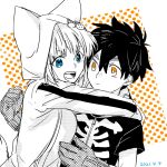  1boy 1girl :o animal_hood black_hair blue_eyes dated fangs gloves hetero hinata_(ryohinata) hood hoodie hug kemono_jihen kon_(kemono_jihen) kusaka_kabane orange_eyes short_hair simple_background skeleton_print upper_body 