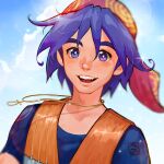  1boy armor bandana blue_hair blue_shirt chainmail chrono_cross clouds cloudy_sky dated fumezu1 hair_between_eyes highres jewelry looking_at_viewer male_focus necklace open_mouth outdoors red_bandana serge_(chrono_cross) shirt short_hair sky smile solo sparkle teeth thick_eyebrows upper_teeth violet_eyes 
