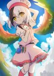  1girl absurdres bangs blue_sky brown_eyes closed_mouth clouds gradient_sky hand_on_headwear highres hollow_song_of_birds kayon_(touzoku) looking_at_viewer multicolored_wings rainbow_gradient rainbow_wings red_socks red_trim shirt short_hair short_sleeves skirt sky smile socks solo test_tube torisumi_horou touhou white_hair white_headwear white_shirt white_skirt wings 