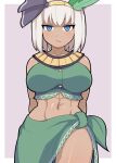  1girl :/ abs adapted_costume asatsuki_(cookie) blue_eyes bob_cut breasts cookie_(touhou) cowboy_shot dark_skin feather_hair_ornament feathers green_sarong green_vest grey_hair hair_ornament hair_ribbon hairband hospital_king konpaku_youmu medium_breasts midriff navel ribbon sarong short_hair solo touhou vest 