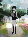  1boy bangs bare_shoulders black_eyes black_flower black_hair black_socks black_tank_top blanket blue_sky child clouds collarbone colored_skin commentary day expressionless faux_traditional_media flower full_body grass grey_shorts grey_skin highres holding holding_flower looking_at_viewer male_child male_focus no_nose no_shoes omori omori_(omori) outdoors plant potted_plant purple_tulip red_flower road short_hair shorts skkc_128 sky socks solid_circle_eyes solo standing straight-on sunflower tank_top tree tulip yellow_flower 