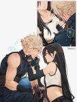  ! !! 1boy 1girl bare_shoulders black_hair blonde_hair blue_eyes blush breasts bruise bruise_on_face cloud_strife crop_top ear_blush earrings embarrassed final_fantasy final_fantasy_vii final_fantasy_vii_remake fingerless_gloves gloves hands_on_another&#039;s_face highres injury jewelry large_breasts long_hair looking_at_another maiii_(smaii_i) red_eyes simple_background sitting skirt sleeveless sleeveless_turtleneck spiky_hair suspender_skirt suspenders sweat sweater tank_top tifa_lockhart turtleneck turtleneck_sweater white_tank_top 