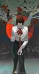 1boy apple belt black_belt black_pants brown_eyes brown_hair collared_shirt crossed_legs death_note expressionless food fruit hand_on_own_knee highres holding holding_food holding_fruit k00s looking_at_viewer male_focus pants shirt sitting solo tree white_shirt yagami_light 