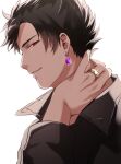  1boy belial_(granblue_fantasy) black_hair black_jacket earrings from_side granblue_fantasy hand_on_own_neck highres jacket jewelry looking_at_viewer male_focus mms_gh10 red_eyes ring shirt short_hair simple_background smile upper_body white_shirt 