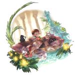  1boy 1girl alternate_costume black_cat book braid brother_and_sister brown_eyes brown_hair cat collar couch earrings flower fountain glasses granblue_fantasy haaselia hair_flower hair_ornament hair_slicked_back harvin hoop_earrings jewelry judgement_(granblue_fantasy) katzelia leaf multiple_cats official_art on_head pillar pointy_ears ponytail rabbit reading siblings sleeping the_moon_(granblue_fantasy) water 