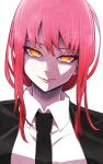  1girl black_necktie black_suit business_suit chainsaw_man close-up collared_shirt commentary formal highres jin_(mugenjin) looking_at_viewer makima_(chainsaw_man) necktie redhead ringed_eyes shaded_face shirt smile solo suit white_background white_shirt yellow_eyes 
