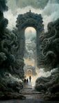  3others absurdres artist_name chinese_commentary clouds commentary_request cthulhu_mythos fog gate highres lord_of_the_mysteries multiple_others sky skyda stairs tentacles watermark 