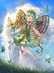  1girl animal antennae aqua_hair barefoot blush bug butterfly butterfly_wings day dress eternity_larva fairy green_dress hair_between_eyes highres kopi_(user_ajtn7422) leaf leaf_on_head multicolored_clothes multicolored_dress open_mouth short_hair short_sleeves signature smile solo touhou wings yellow_eyes 