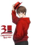  1boy brown_eyes brown_hair character_request copyright_request glasses grin hand_in_pocket hat highres holding holding_clothes holding_hat hood hood_down in_(ain) jacket looking_at_viewer male_focus red_headwear red_jacket shirt smile solo white_shirt 