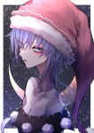  1girl 33_gaff bangs doremy_sweet hat looking_at_viewer nightcap open_mouth outside_border pom_pom_(clothes) purple_hair red_headwear short_hair sky solo star_(sky) starry_sky touhou upper_body violet_eyes 