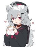  1girl :o ahoge animal_ear_fluff animal_ears backpack bag bangs black_bag black_headwear black_serafuku bow bowtie burger collar curly_hair eating english_text fang fang_out fenrir_(fenriluuu) food food_on_face grey_hair hair_between_eyes hair_ornament hairclip hat hat_bow heart highres holding holding_food light_blush long_hair looking_at_viewer original parted_lips randoseru red_bow red_bowtie red_collar rir-chan school_uniform serafuku simple_background sketch solo upper_body white_background wolf_ears wolf_girl 