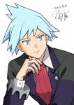  1boy bangs black_jacket blue_eyes blue_hair closed_mouth collared_shirt commentary_request dated hand_up highres jacket jewelry long_sleeves looking_to_the_side male_focus necktie pokemon pokemon_(game) pokemon_oras red_necktie ring shirt short_hair signature smile solo spiky_hair steven_stone tamura_(kouititamura) upper_body white_background white_shirt 