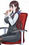  1girl bread breasts chair eating fate/grand_order fate_(series) food highres honjou_raita large_breasts long_hair murasaki_shikibu_(fate) murasaki_shikibu_(good_job!)_(fate) non-web_source office_lady pantyhose violet_eyes white_background 