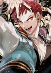 1boy black_nails chain_necklace character_name ear_piercing fangs harai_kuuko highres hypnosis_mic jacket jewelry letterman_jacket looking_at_viewer male_focus mayuge_(ugm_zzz) multicolored_background necklace piercing redhead ring smile solo twitter_username yellow_eyes 