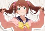  1boy bangs blue_sailor_collar bow bowtie brown_hair buttons bxksb6384 cardigan collarbone green_eyes grey_background hair_ornament hands_up highres idolmaster idolmaster_side-m long_hair long_sleeves looking_at_viewer mizushima_saki otoko_no_ko pink_cardigan pink_scrunchie playing_with_own_hair sailor_collar scrunchie sidelocks smile solo star_(symbol) star_hair_ornament striped striped_background twintails upper_body yellow_bow yellow_bowtie 