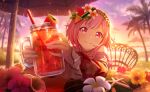 1girl beach chair cloud dress drinking_glass flower looking_at_viewer official_art ootori_emu palm_tree pink_eyes pink_hair project_sekai short_hair smile solo sparkle sunset watermelon_hair_ornament