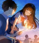 1boy 1girl 3others bangs blue_eyes blue_sky blurry blurry_background blush brown_hair closed_mouth collared_shirt commentary_request fireworks glasses highres holding_fireworks leaning_forward long_hair looking_at_another multiple_others neck_ribbon original outdoors red_ribbon ribbon school_uniform shirt short_hair short_sleeves skirt sky sparkler sweater_vest tasuku_(otomebotan) white_shirt 