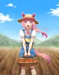  1girl :d absurdres animal_ears bangs basket carrot clouds collared_shirt day dirty dirty_clothes dirty_face dot_nose ears_through_headwear feet_out_of_frame field frilled_shirt_collar frills haru_urara_(umamusume) hat highres holding holding_basket horse_ears horse_girl horse_tail long_hair looking_at_viewer open_mouth outdoors overall_shorts overalls pink_eyes pink_hair shirt short_sleeves smile solo standing straw_hat symbol-shaped_pupils tail umamusume umetofu v_arms white_shirt 