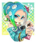  1girl bare_shoulders blue_eyes blue_hair closed_mouth cropped_torso cup disposable_cup drink drinking_straw earrings eyewear_removed flower forehead green_eyes hair_flower hair_ornament holding holding_cup holding_eyewear isamu-ki_(yuuki) jewelry long_sleeves multicolored_hair octarian octoling off-shoulder_sweater off_shoulder pointy_ears sleeves_past_wrists solo splatoon_(series) suction_cups sunglasses sweater tentacle_hair upper_body 