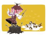  1girl animal animal_ears bird bird_ears bird_wings black_footwear black_thighhighs blush branch brown_dress brown_headwear byourou closed_eyes dress earrings frilled_sleeves frills hat holding holding_branch jewelry long_sleeves mystia_lorelei open_mouth pink_hair shoes short_hair single_earring smile solo sparrow thigh-highs touhou white_wings wide_sleeves winged_footwear winged_hat wings 