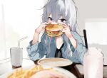  1girl bangs bendy_straw black_shirt blue_jacket blurry blurry_foreground blush burger character_request commentary_request cup depth_of_field disposable_cup drinking_straw eating food french_fries grey_hair hair_between_eyes hands_up holding holding_food indoors jacket lamb_(hitsujiniku) long_hair long_sleeves open_clothes open_jacket plate shirt solo upper_body urasekai_picnic violet_eyes 