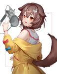  1girl animal_ears bangs blush bone_hair_ornament brown_hair dog_ears dog_girl dog_tail hair_between_eyes hair_ornament highres hololive index_finger_raised inugami_korone jacket long_hair long_sleeves microphone off_shoulder open_mouth red_eyes shirt skirt smile solo tail tail_through_clothes virtual_youtuber wazd0183 white_shirt yellow_jacket yellow_skirt 