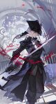  1girl ascot black_footwear black_thighhighs blood blood_on_clothes blood_stain bloodborne brooch chair coat hat hat_feather highres holding holding_sword holding_weapon indoors jewelry lady_maria_of_the_astral_clocktower long_hair looking_to_the_side ponytail rakuyo_(bloodborne) satsuya sidelocks standing sword thigh-highs tricorne weapon white_hair 
