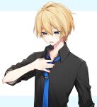  1boy adjusting_clothes adjusting_necktie black_shirt blonde_hair blue_eyes blue_necktie collared_shirt hair_between_eyes highres holostars kishido_temma letterboxed looking_down male_focus necktie nekonoyuto open_collar shirt short_hair simple_background sleeves_rolled_up solo sweatdrop tie_clip tongue tongue_out upper_body virtual_youtuber white_background 