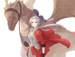  1girl breasts cape closed_mouth dragon edelgard_von_hresvelg fire_emblem fire_emblem:_three_houses fire_emblem_warriors:_three_hopes gloves hair_ornament long_hair long_sleeves looking_at_viewer official_alternate_costume official_alternate_hairstyle red_cape ribbon robaco simple_background skirt solo violet_eyes white_hair wyvern 