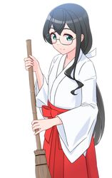  1girl alternate_costume alternate_hairstyle black_hair broom cowboy_shot full_body geometrie green_eyes hakama japanese_clothes kantai_collection long_hair low_ponytail miko ooyodo_(kancolle) red_hakama semi-rimless_eyewear simple_background smile solo under-rim_eyewear v_arms white_background 