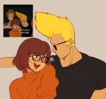  1girl 2boys absurdres blonde_hair blush brown_eyes brown_hair crossover facial_hair glasses highres johnny_bravo johnny_bravo_(series) multiple_boys open_mouth photo-referenced scooby-doo shaggy_rogers snowcie stubble sunglasses sweater velma_dace_dinkley 
