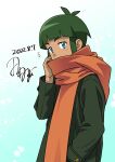 1boy antenna_hair bangs blue_eyes blunt_bangs coat commentary_request dated from_side gradient gradient_background green_coat green_hair half-closed_eyes hand_up highres long_sleeves male_focus notice_lines one-hour_drawing_challenge orange_scarf pokemon pokemon_(anime) pokemon_xy_(anime) sawyer_(pokemon) scarf short_hair signature solo tamura_(kouititamura) 