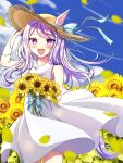  1girl alternate_costume animal_ears arm_up bangs blush day dress ears_through_headwear feet_out_of_frame field flower flower_field hand_on_headwear hat highres holding holding_flower horse_ears horse_girl horse_tail long_hair looking_at_viewer mejiro_mcqueen_(umamusume) mochitsuki_wataame open_mouth outdoors petals purple_hair sleeveless sleeveless_dress smile solo standing straw_hat sunflower tail umamusume violet_eyes white_dress wind 