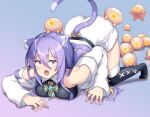  1girl all_fours animal_ears ass breasts cat_ears cat_tail fangs highres hololive hololive_indonesia large_breasts long_hair moona_hoshinova on_ass on_head purple_hair purple_nails sawara_noa stray_(game) tail tail_through_clothes tears top-down_bottom-up violet_eyes virtual_youtuber zurk_(stray) 