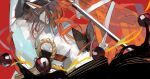  1girl fate/grand_order fate_(series) hat highres japanese_clothes katana kimono kyokutei_bakin_(fate) long_hair orange_eyes orange_hair ponytail profile red_background rope shimenawa sword weapon yorurokujuu 